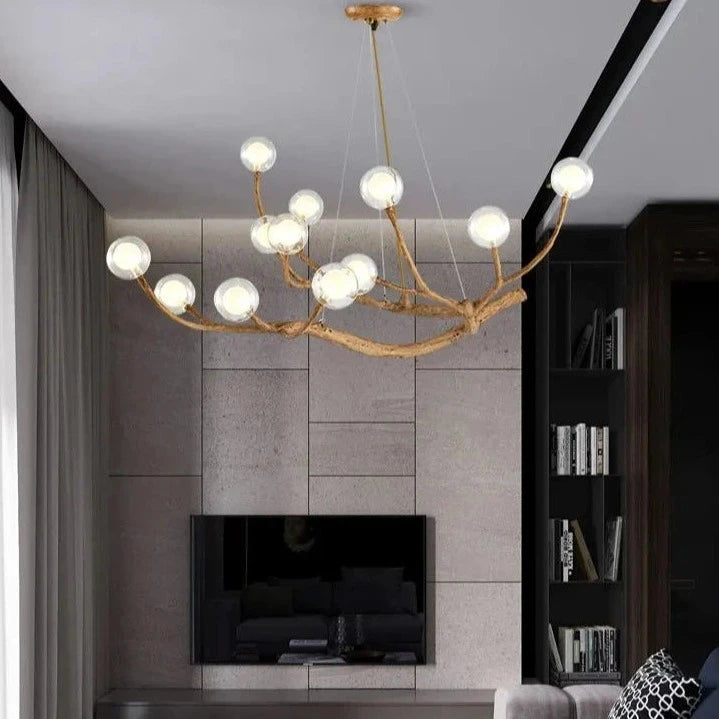 Lustre Design Branches – Suspension Naturelle en Bois et Verre