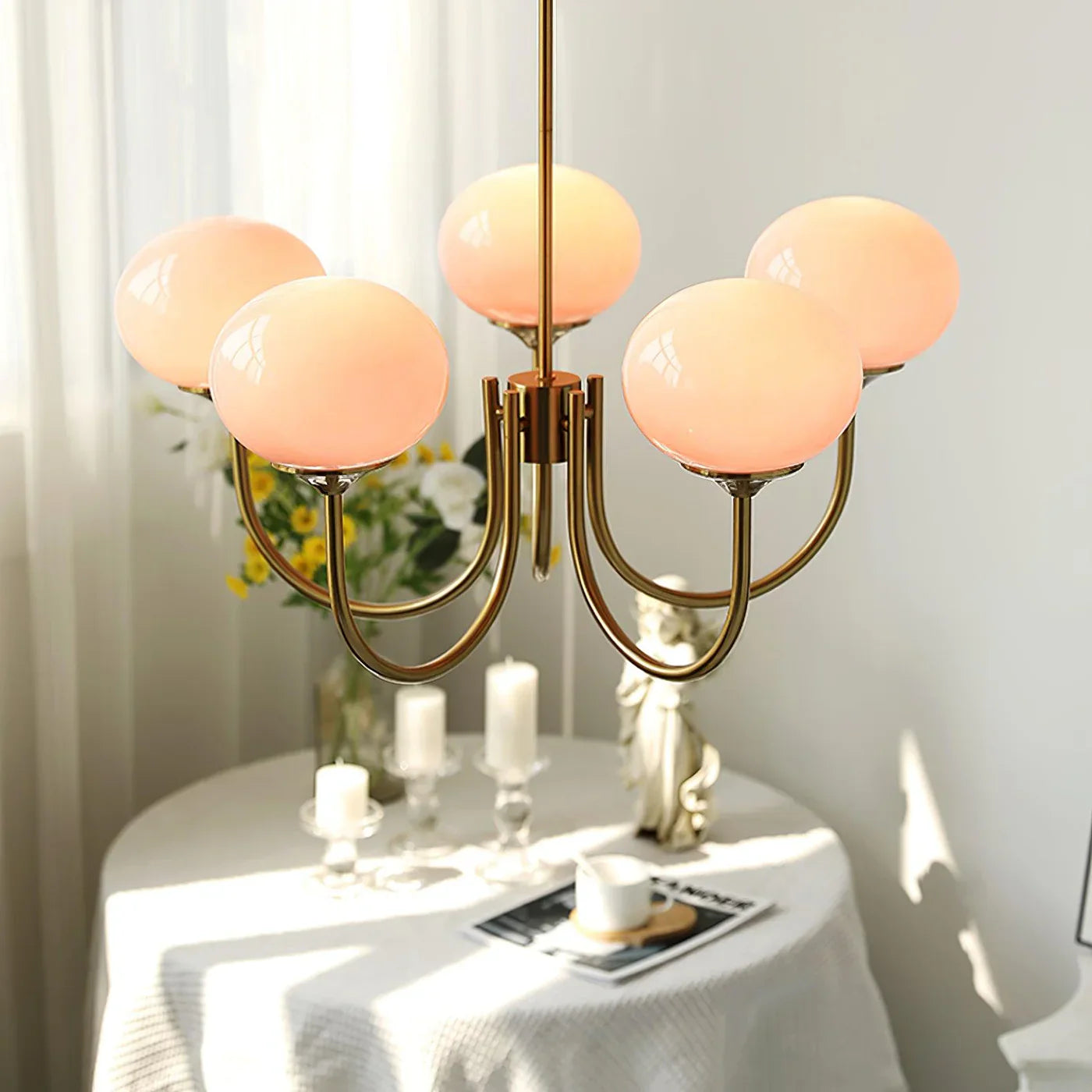 Plafonnier Moderne en Laiton avec Abat-Jours en Verre Rose