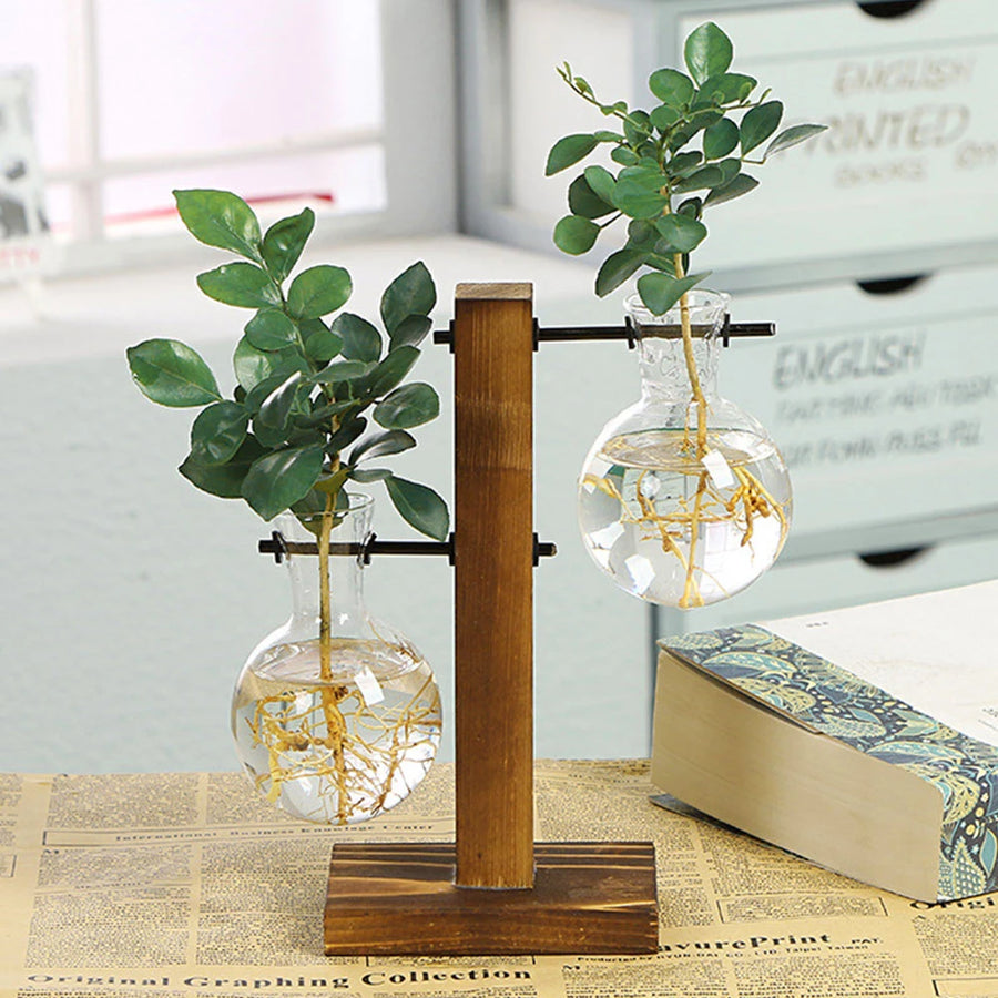 Vase en Verre avec Support en Bois