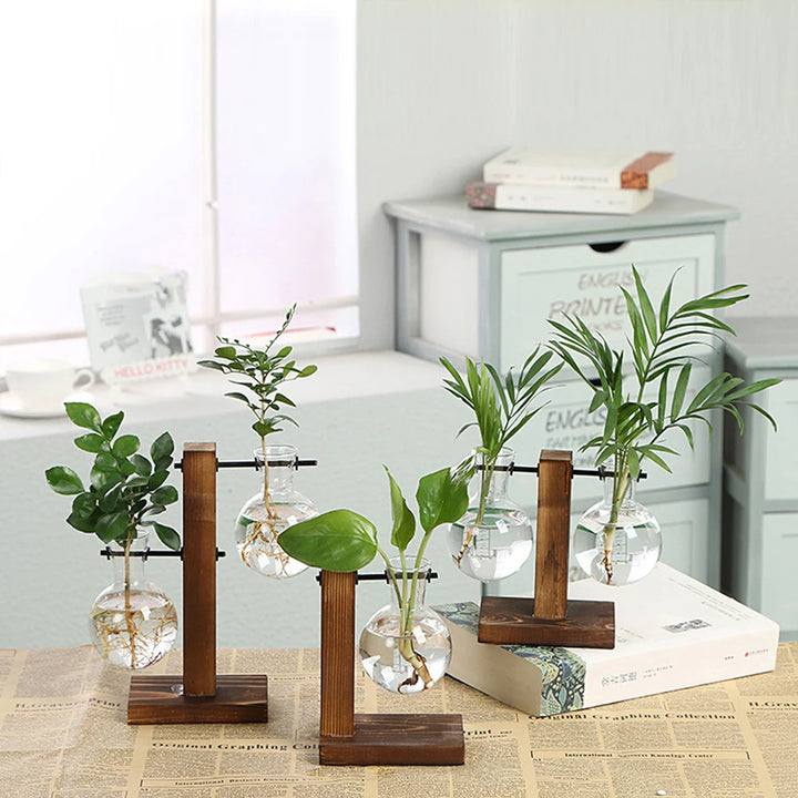 Vase en Verre avec Support en Bois