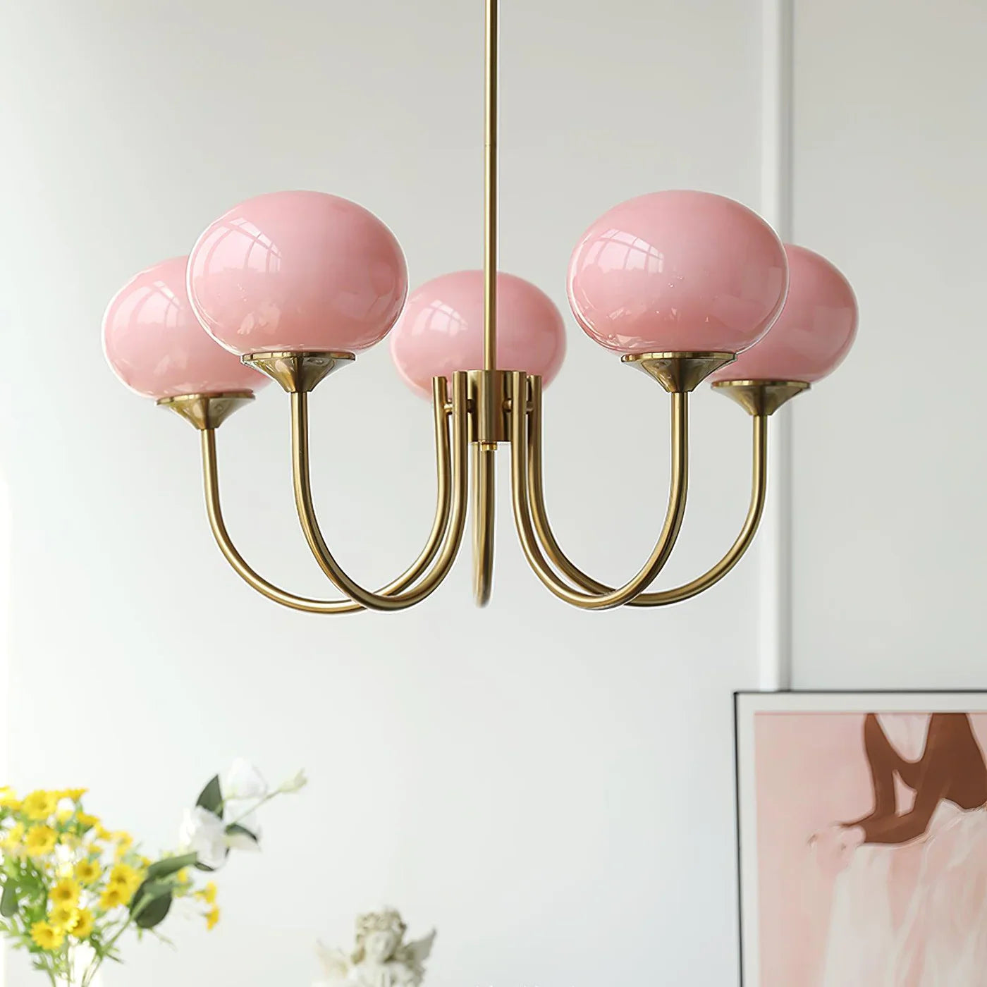Plafonnier Moderne en Laiton avec Abat-Jours en Verre Rose