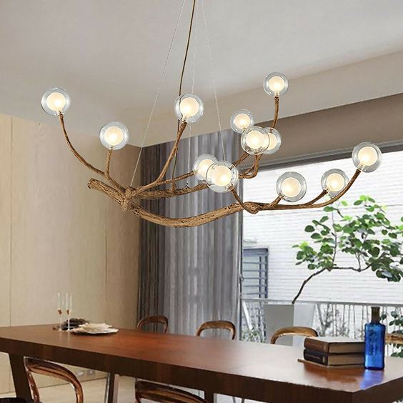 Lustre Design Branches – Suspension Naturelle en Bois et Verre